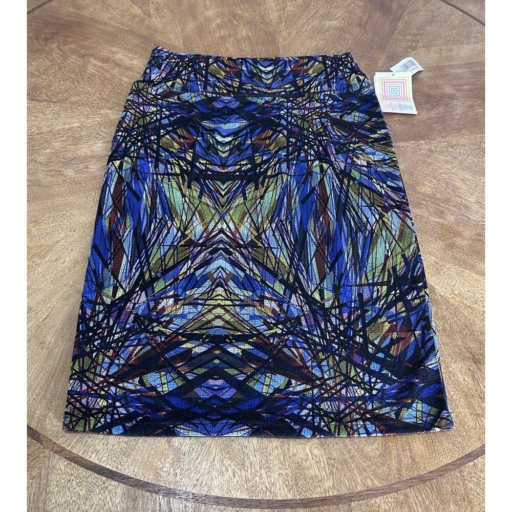 LuLaRoe Cassie Skirt Medium Blue Abstract Geometric Stretch Pencil Trendy NWT